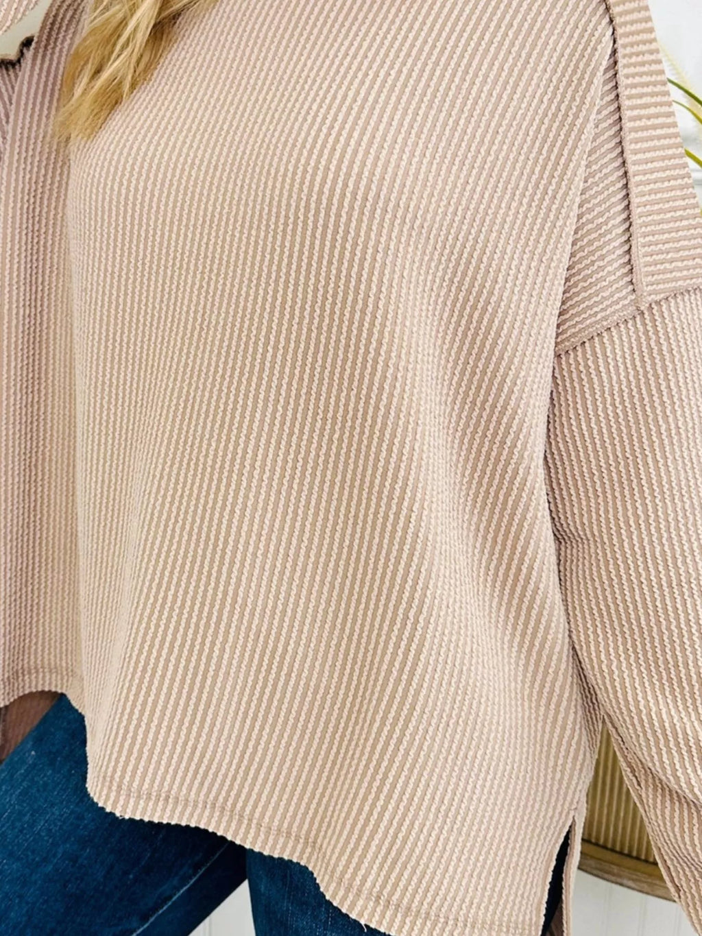 Twist Ribbed Exposed Seam Detail Long Sleeve Loose Top