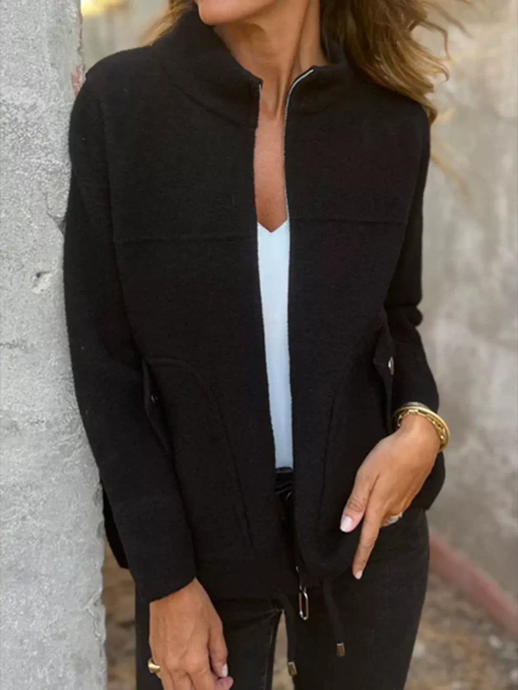 Full Size Textured Knit Zip Up Outerwear Plus Size