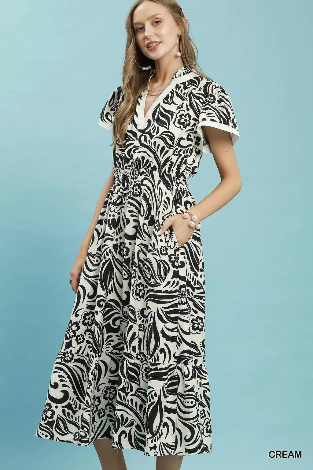 Umgee Paisley Print Midi Dress with Side Pockets