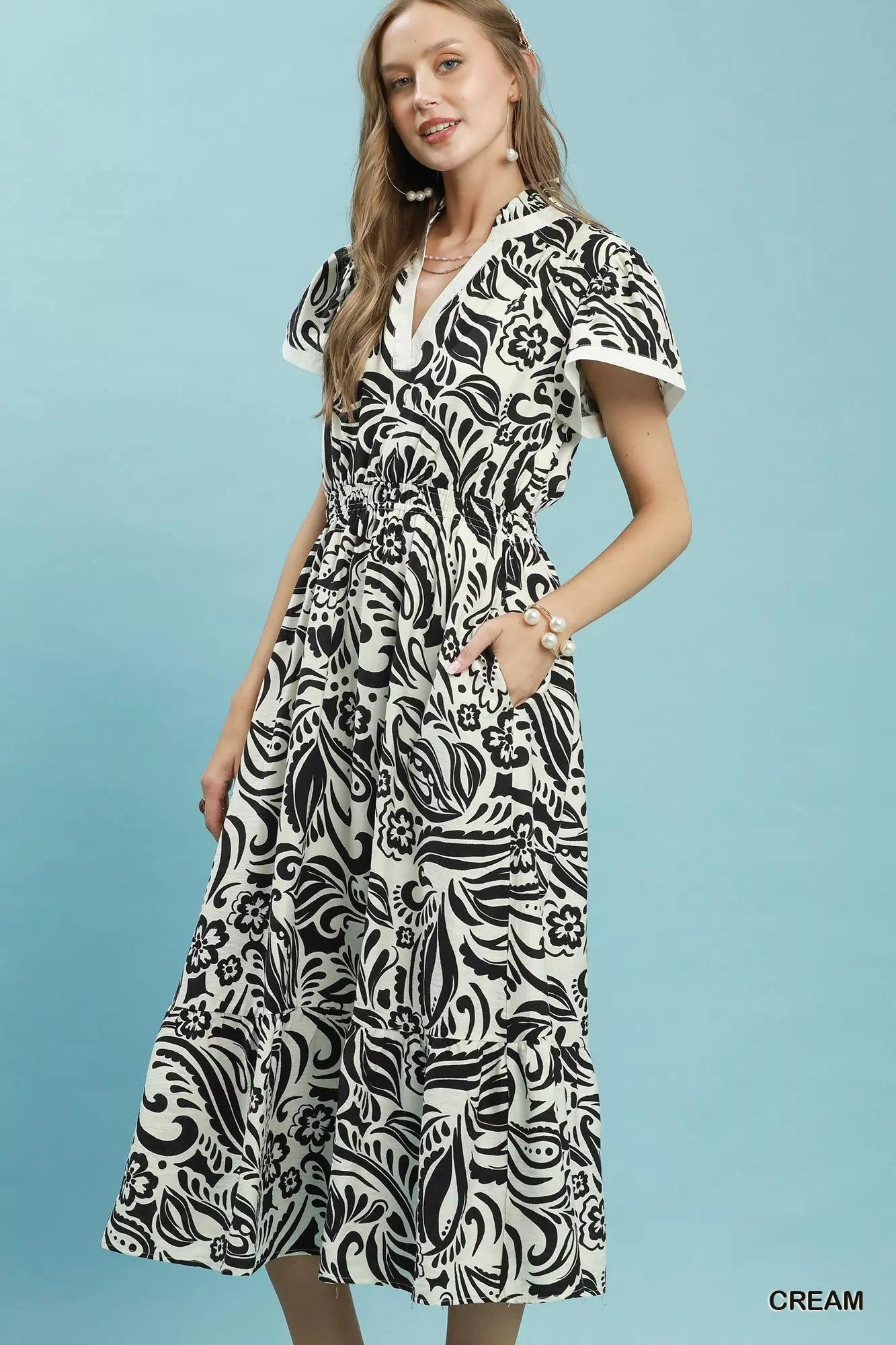 Umgee Paisley Print Midi Dress with Side Pockets
