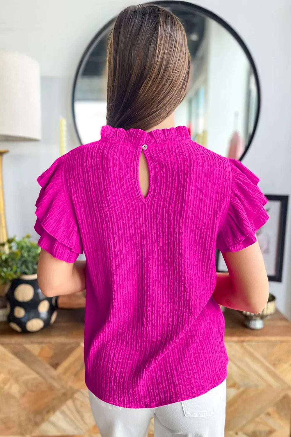 Solid Color Textured Ruffle Trim Short Sleeve Blouse