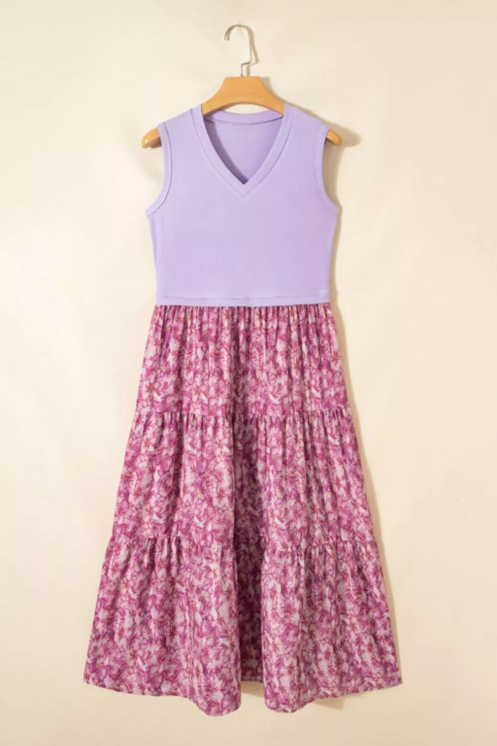 Ribbed V Neck Tank Floral Contrast Patchwork Dress