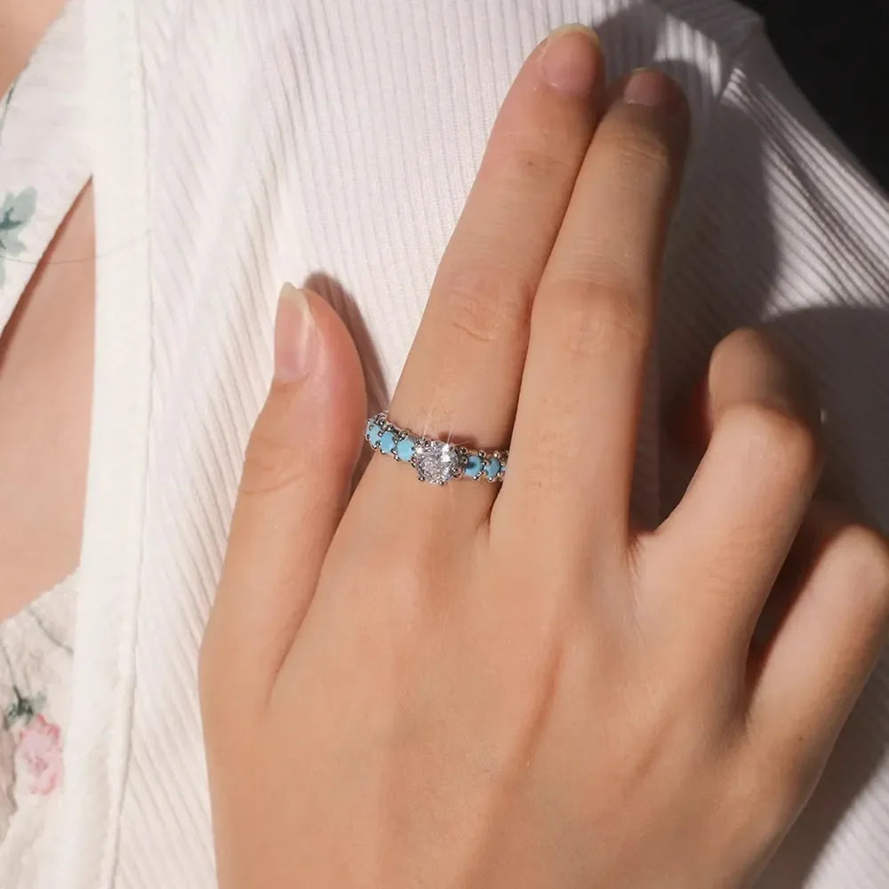 Inlaid Artificial Turquoise Zircon 925 Sterling Silver Ring