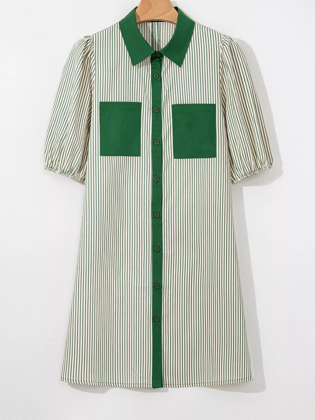 Stripe Color Block Patchwork Shirt Collar Button Down Puff Sleeve Mini Dress