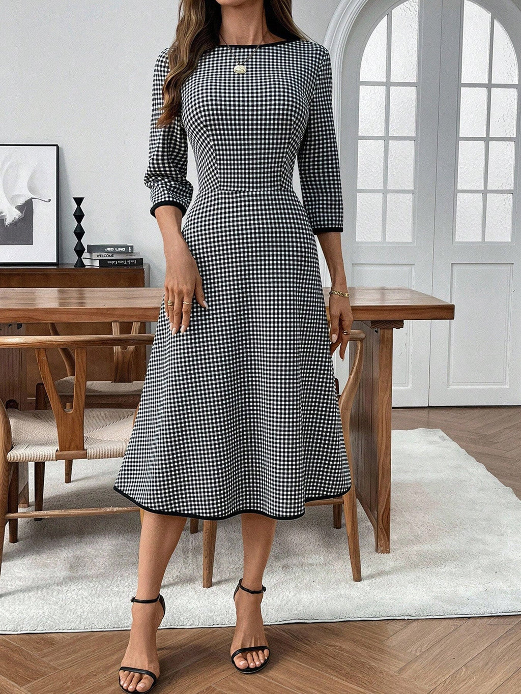 Plaid Round Neck 3/4 Sleeve Dress