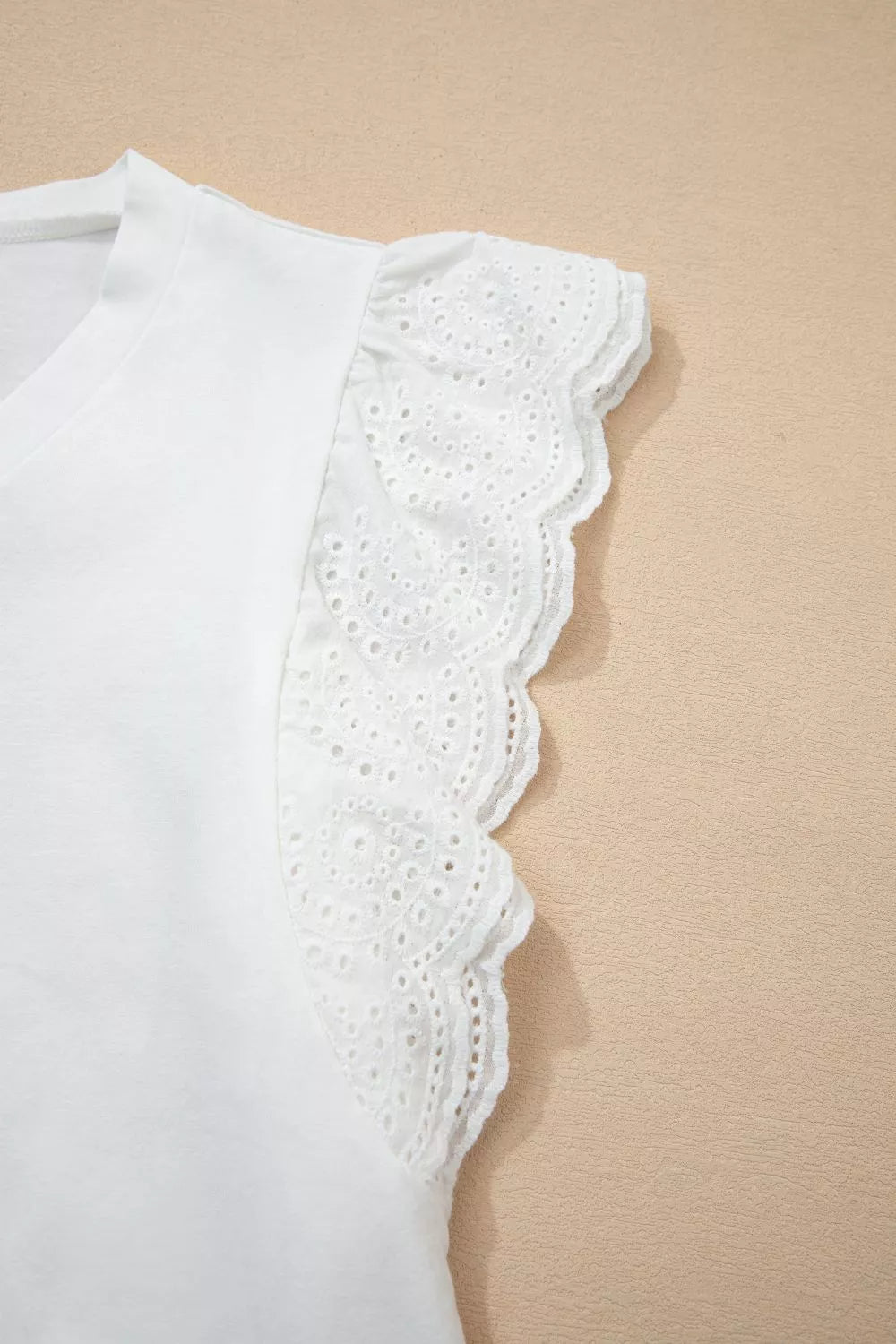 Eyelet Embroidered Flutter Sleeve Patchwork V Neck Tee