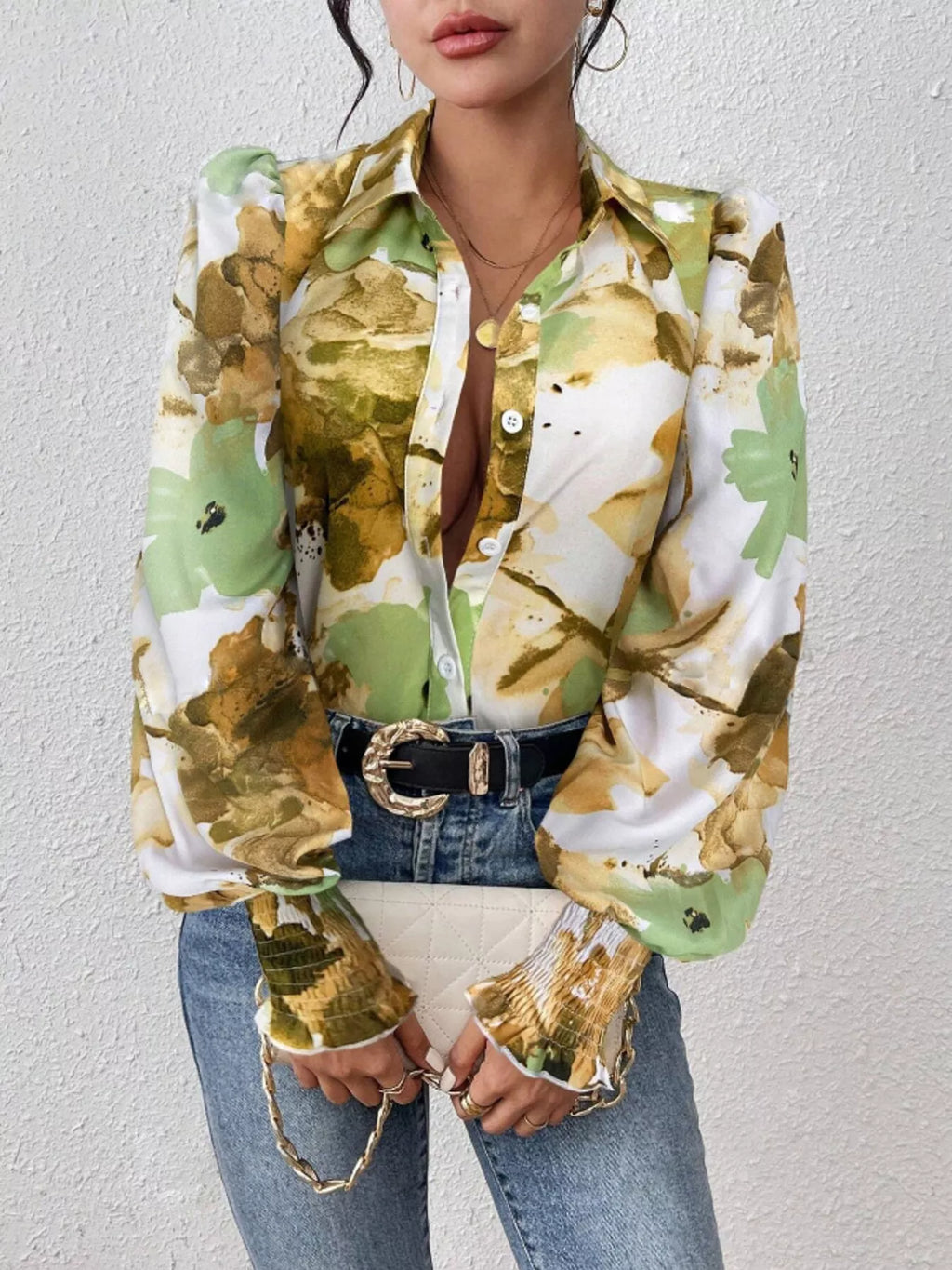 Printed Button Up Lantern Sleeve Shirt