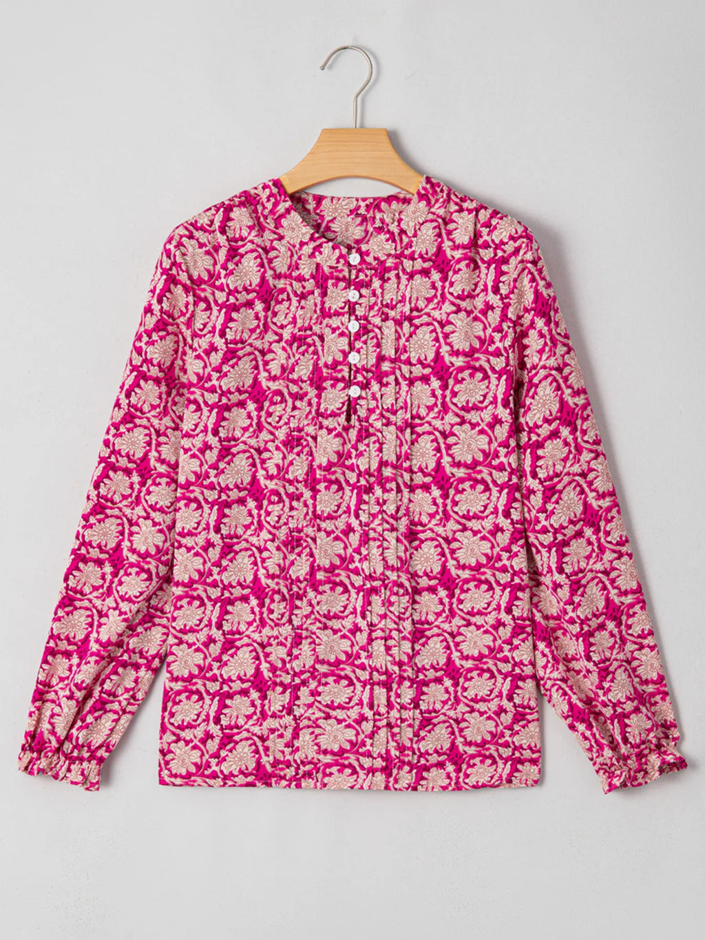 Floral Print Split Neck Pleated Long Sleeve Blouse