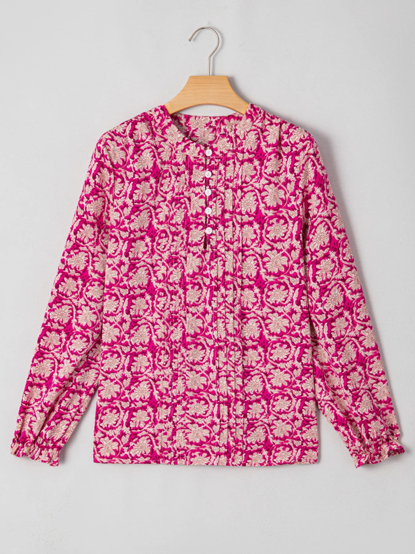 Floral Print Split Neck Pleated Long Sleeve Blouse