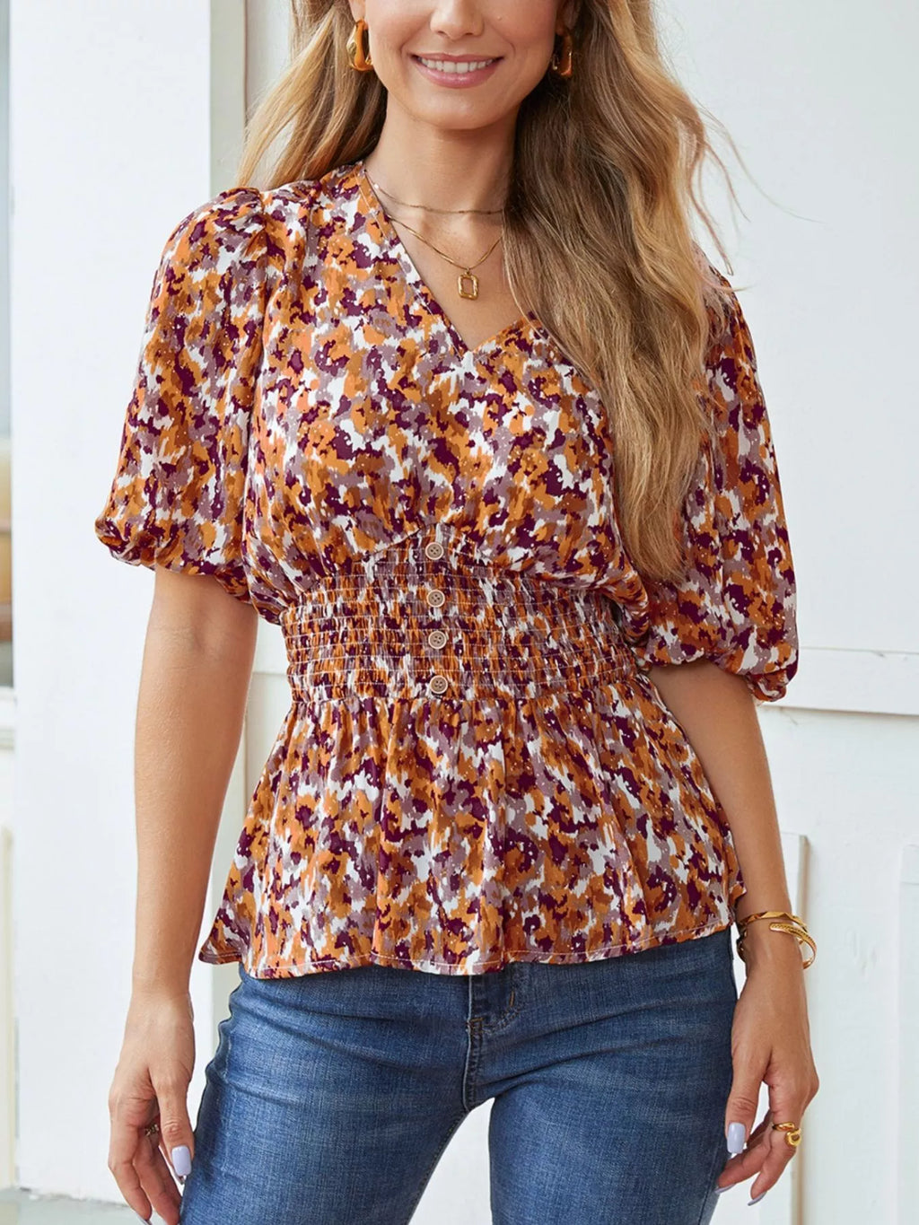 Abstract Print V Neck Smocked Babydoll Blouse