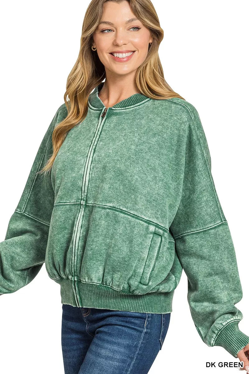Zenana Acid Washed Fleece Jacket