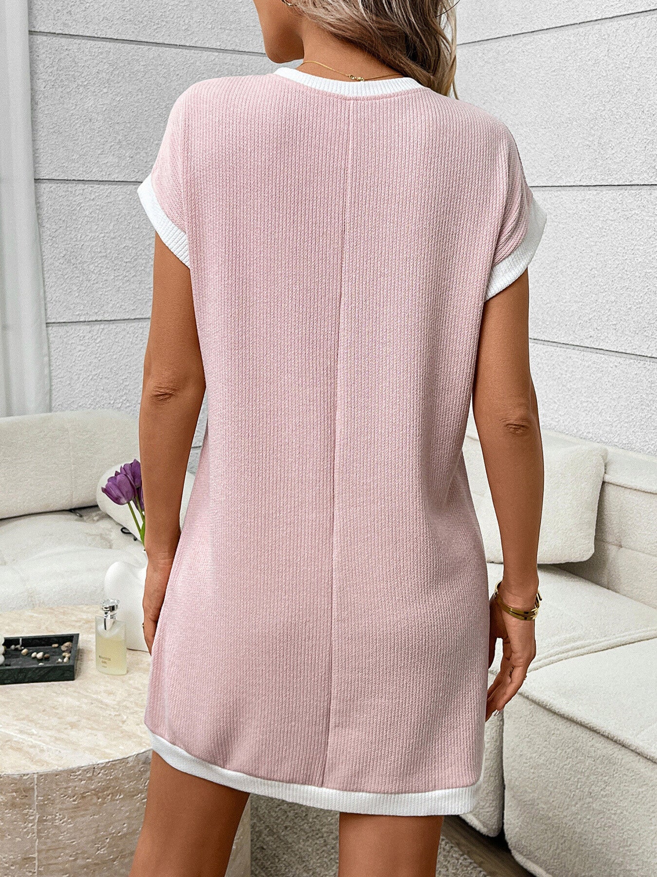 Contrast Trim Ribbed Knit Mini Dress with Pocket