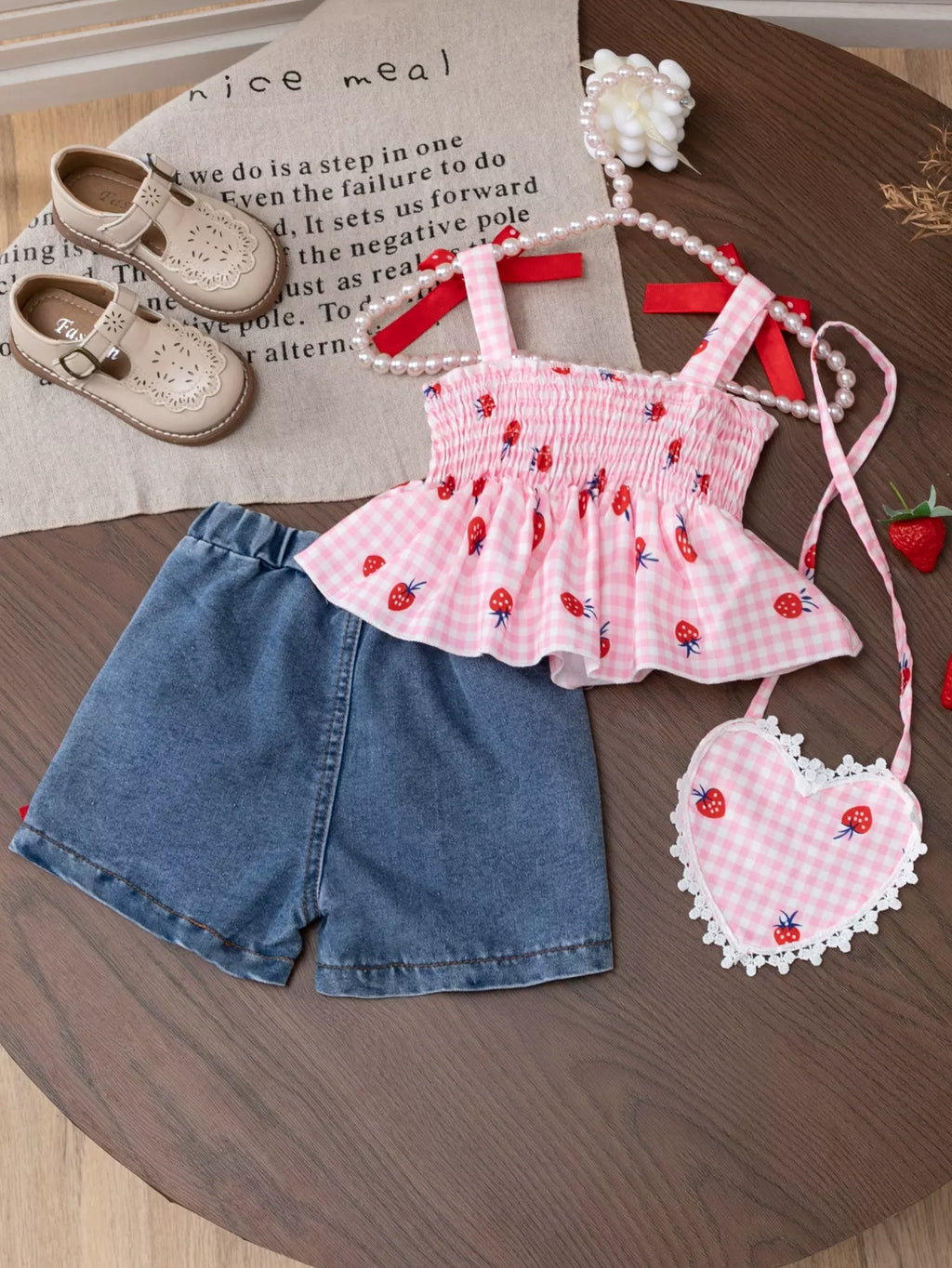Children's Strawberry Gingham Smocked Top & Denim Shorts Set