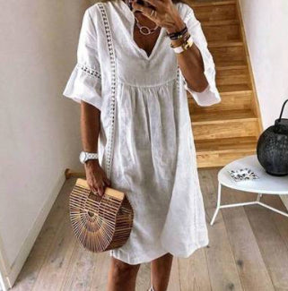 Women's V-Neck Flared Sleeve A-Line Mini Dress – Lace Stitching