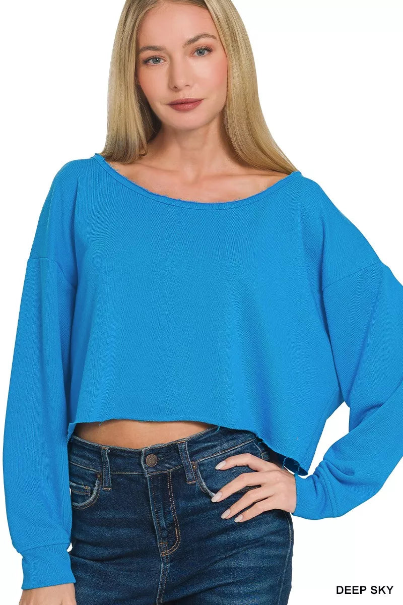Zenana French Terry Boatneck Crop Top