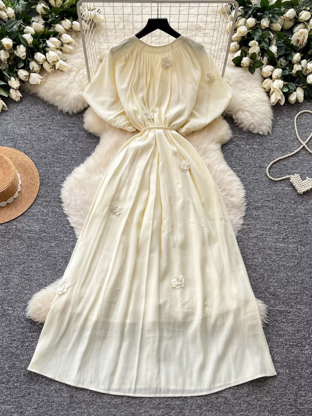 Floral Decor Tie Waist Puff Sleeve Dress