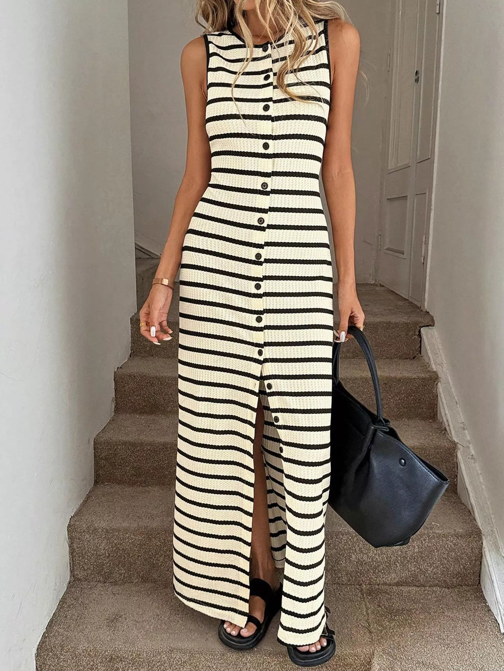 Striped Button-Front Sleeveless Slit Maxi Dress
