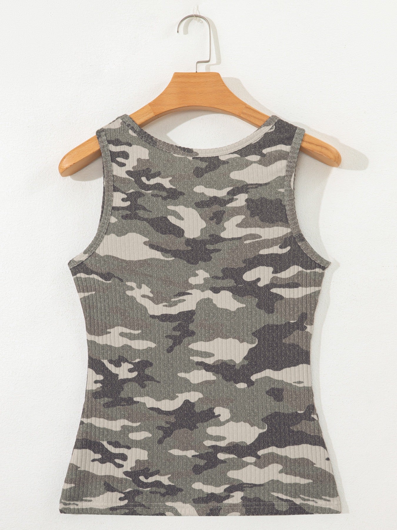 Camouflage Print Ribbed Knit Round Neck Tank Top
