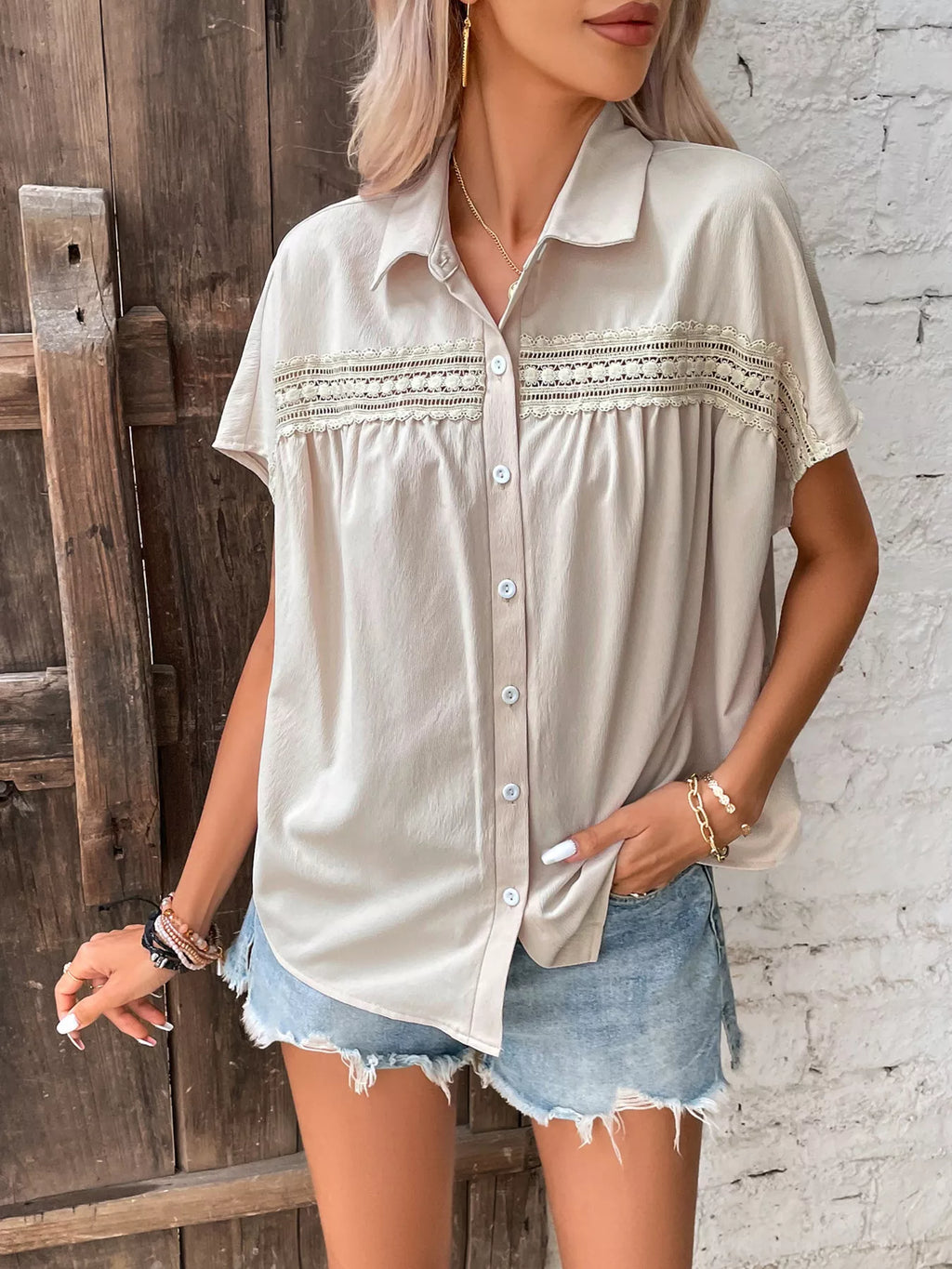 Lace Trim Button-Up Shirt