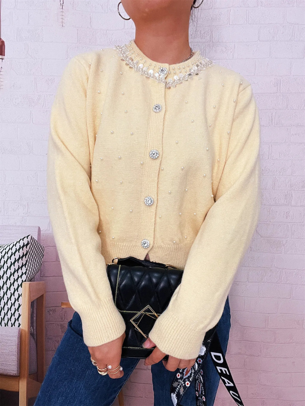 Pearl Detail Button-Front Cardigan