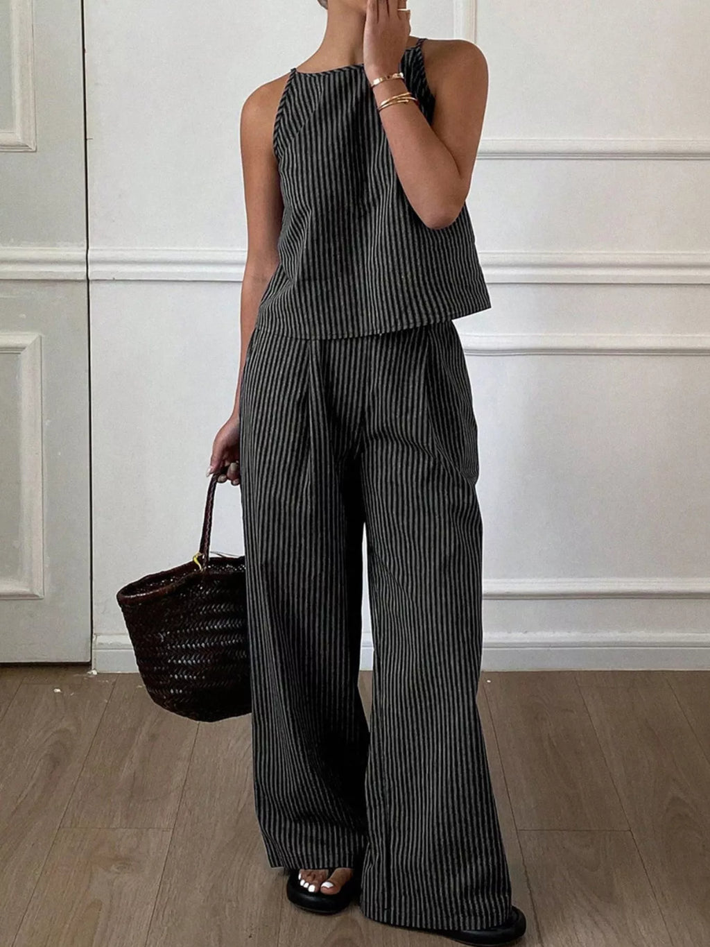 Striped Sleeveless Top and Wide-Leg Pants Set