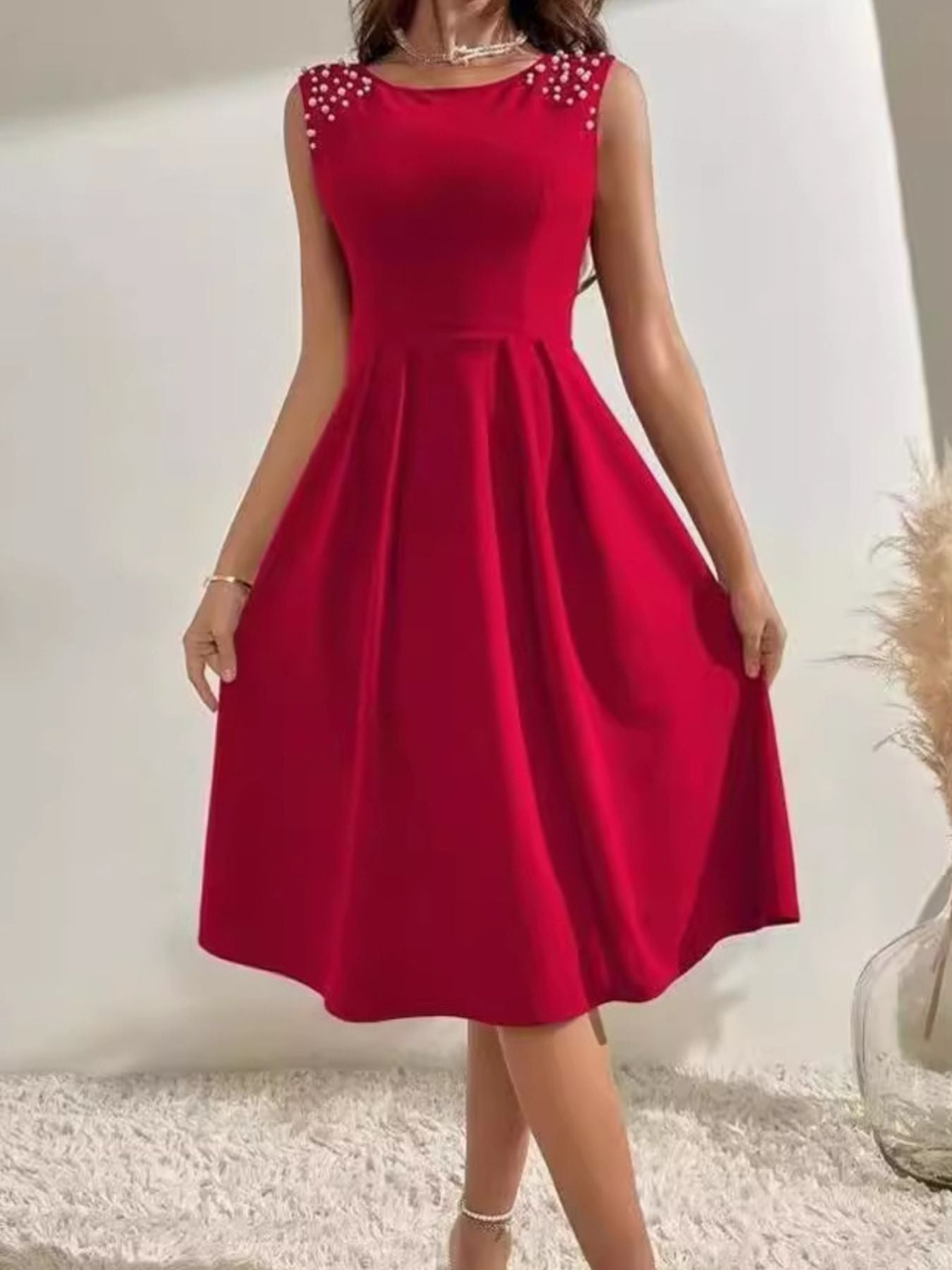 Pearl Detail Sleeveless Midi Dress