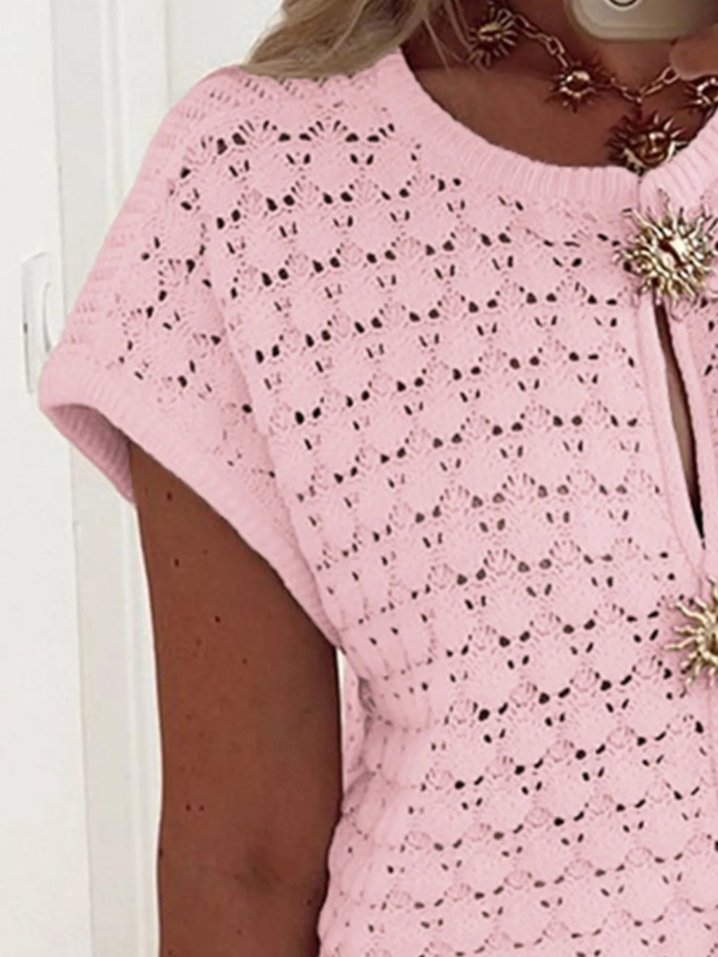 Crochet Short Sleeve Button Front Cardigan