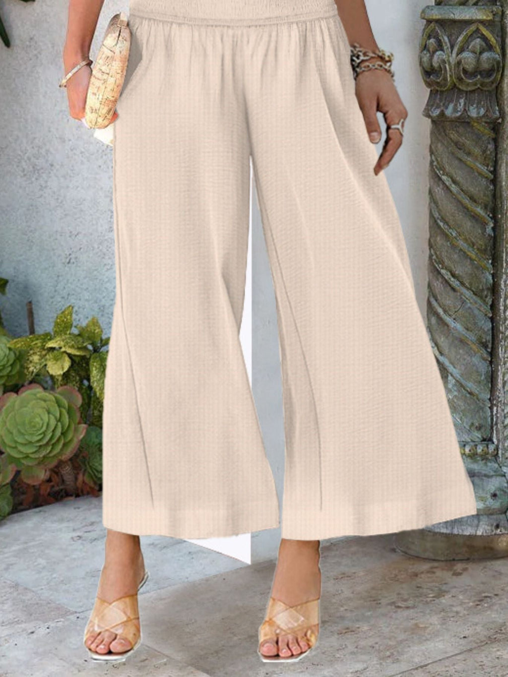 Wide-Leg Smocked Waist Pants