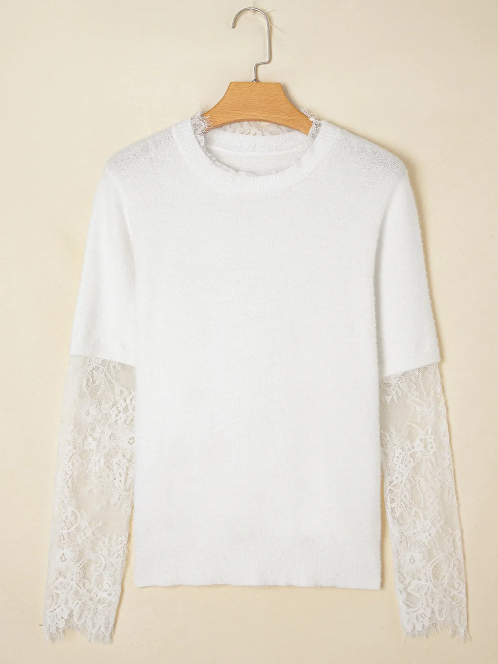 Lace Sleeve Patchwork Faux Two-piece Fuzzy Sweater