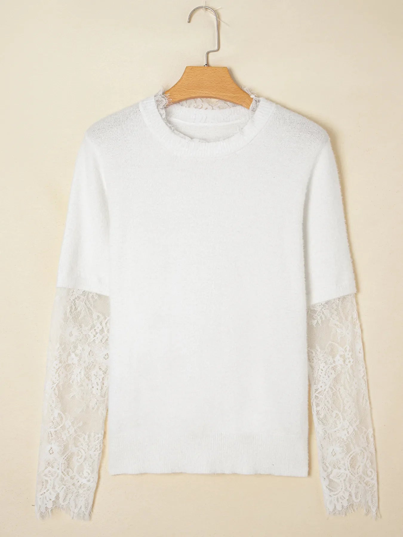 Lace Sleeve Patchwork Faux Two-piece Fuzzy Sweater