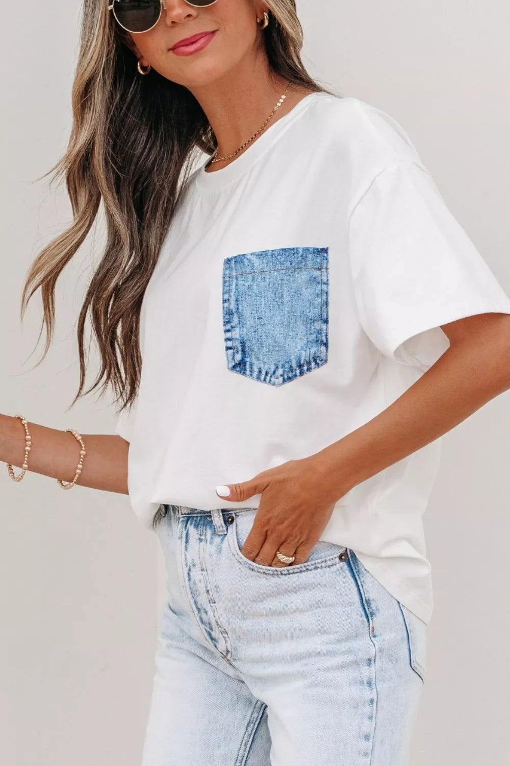 Color Block Chest Pocket Patched Casual Short Sleeve Top