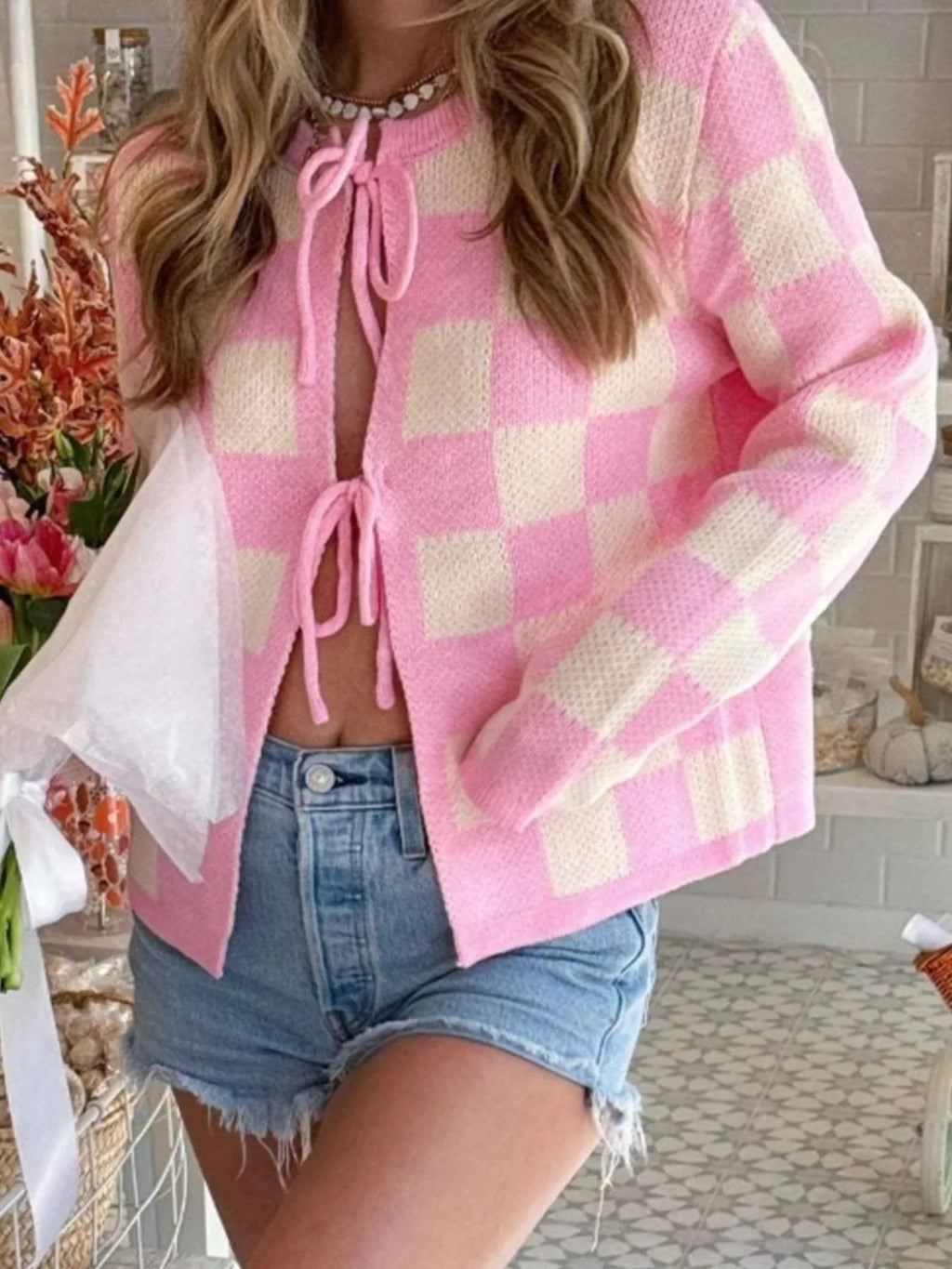 Checkered Tie-Front Cropped Cardigan