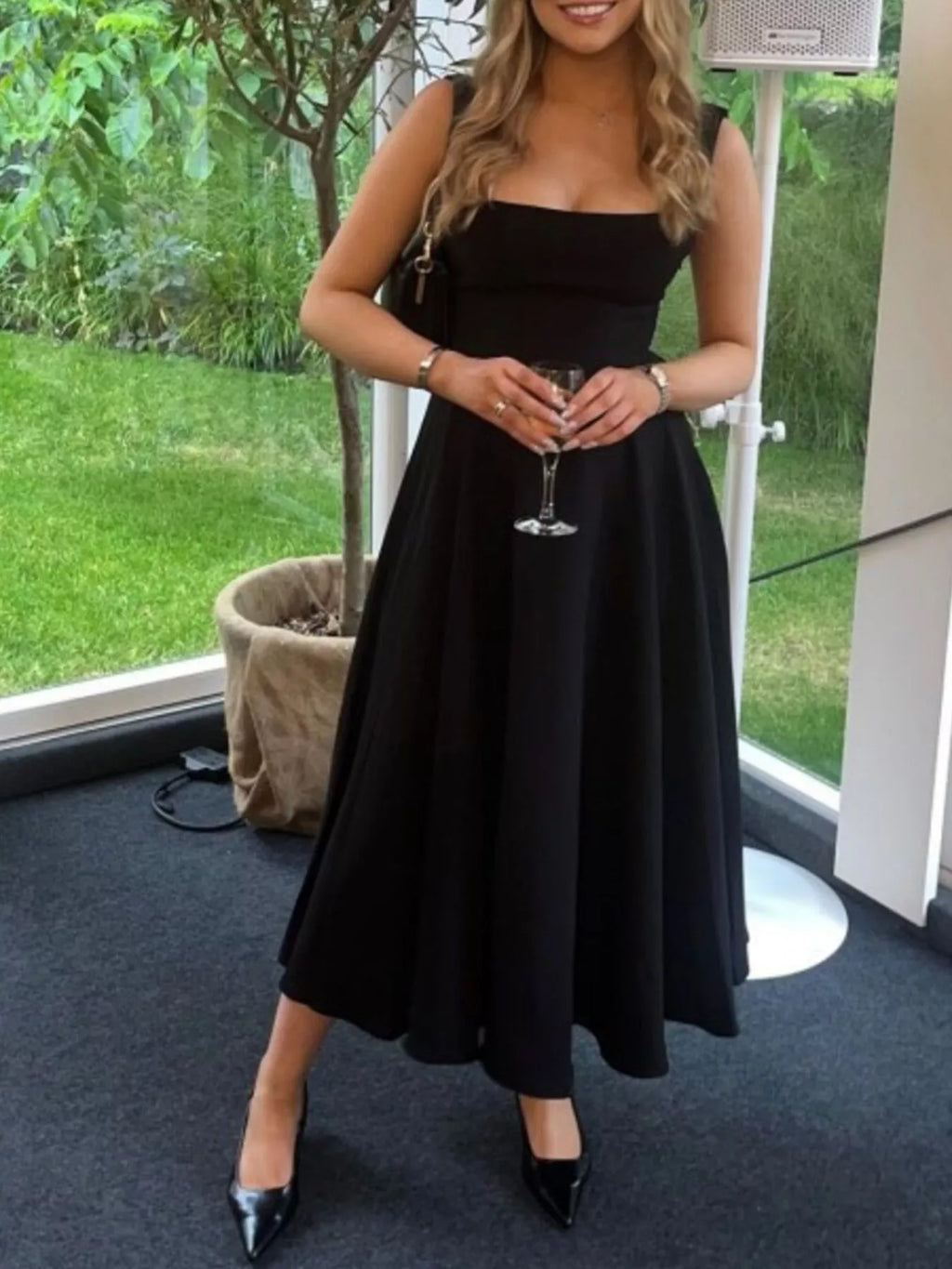 Square Neck Wide Strap A-Line Dress