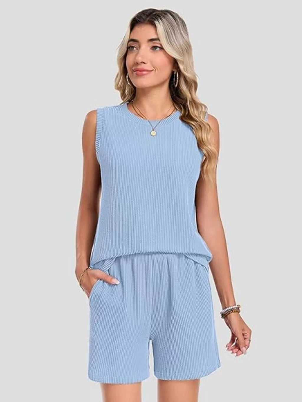 Casual Ribbed Knit Sleeveless Top and Shorts Set