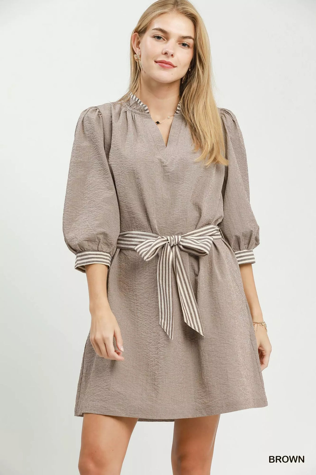 Umgee Textured Contrast Trim Tie Waist Mini Dress