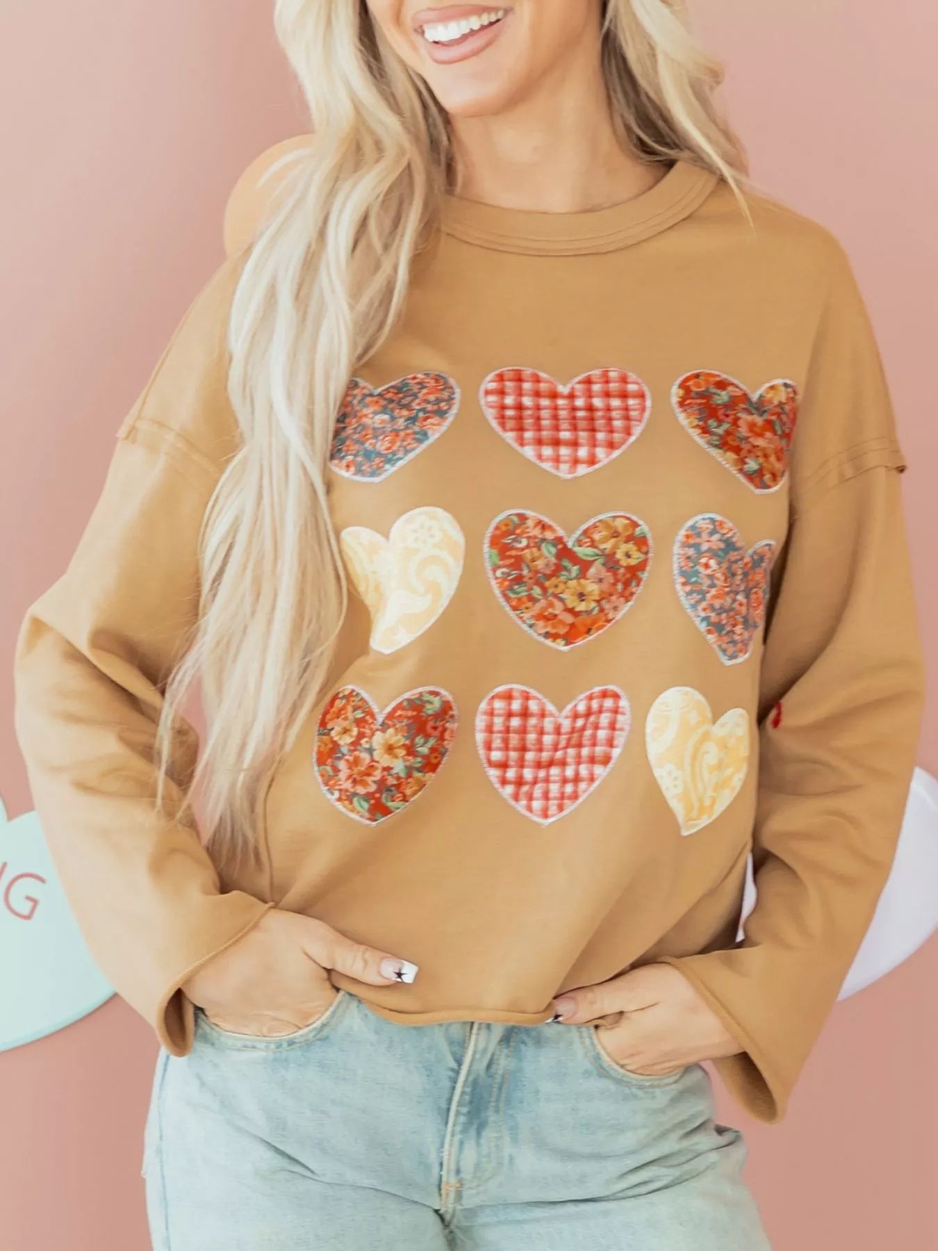 Plaid Floral Heart Stitched Exposed Seam Mineral Wash Sweatshirt