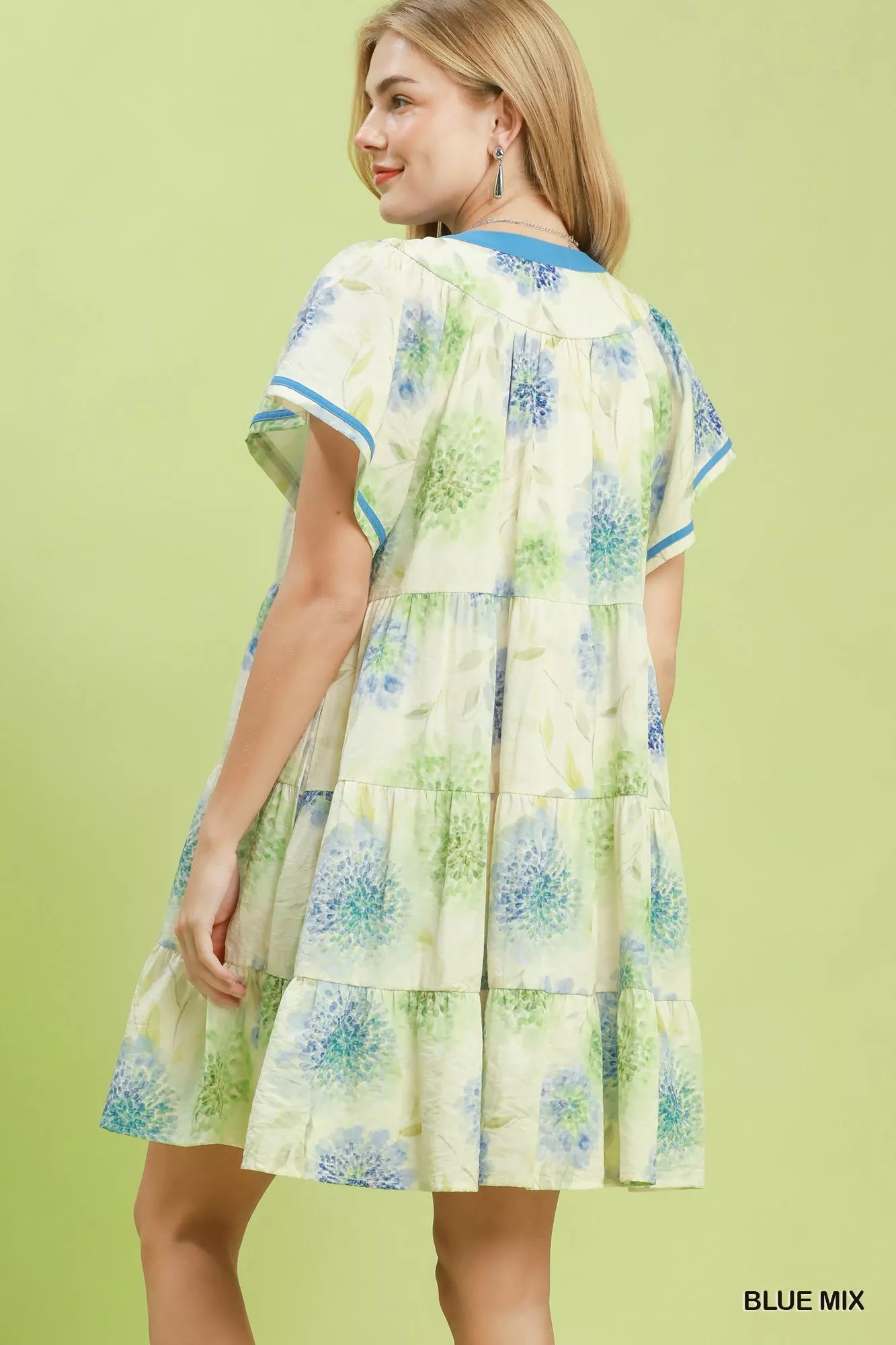 Umgee Floral Print Contrast Trim Tiered Babydoll Dress
