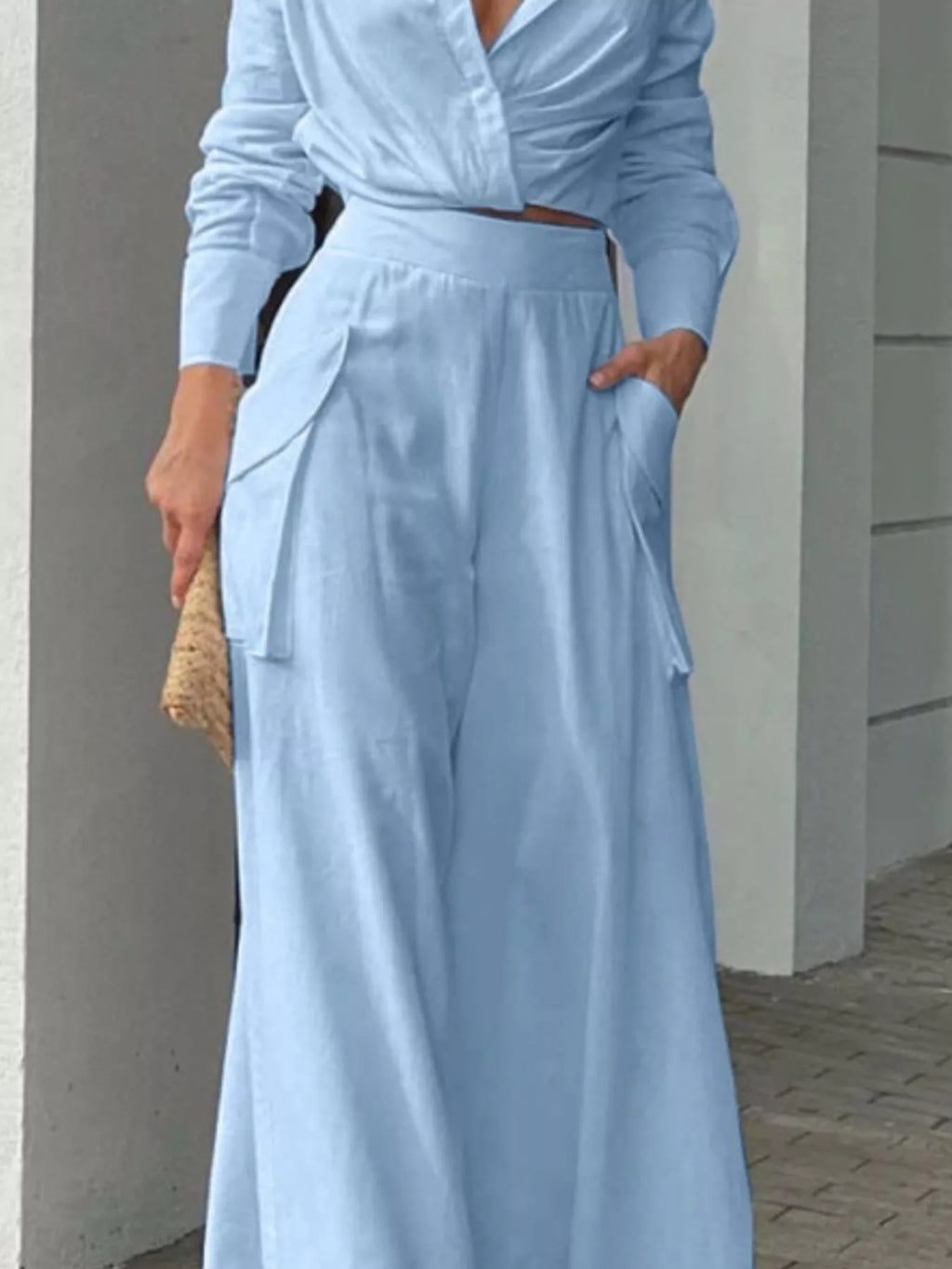 Long Sleeve Shirt and Wide Leg Pants Set