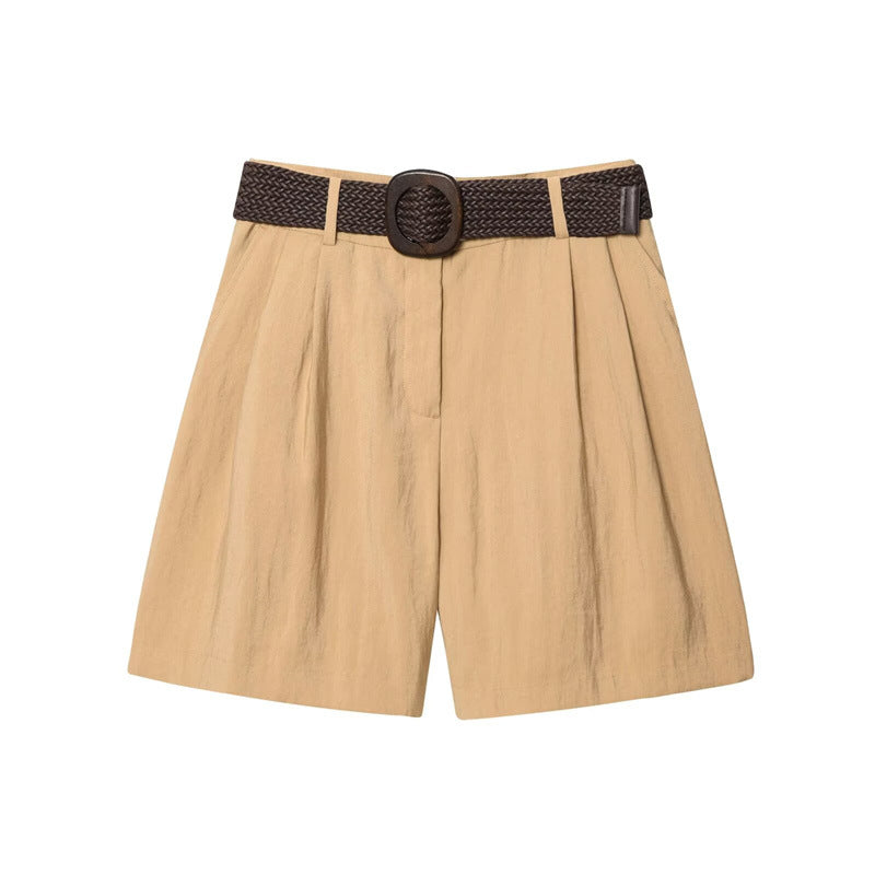 Fashionable Casual Pleated Shorts with Belt for Women