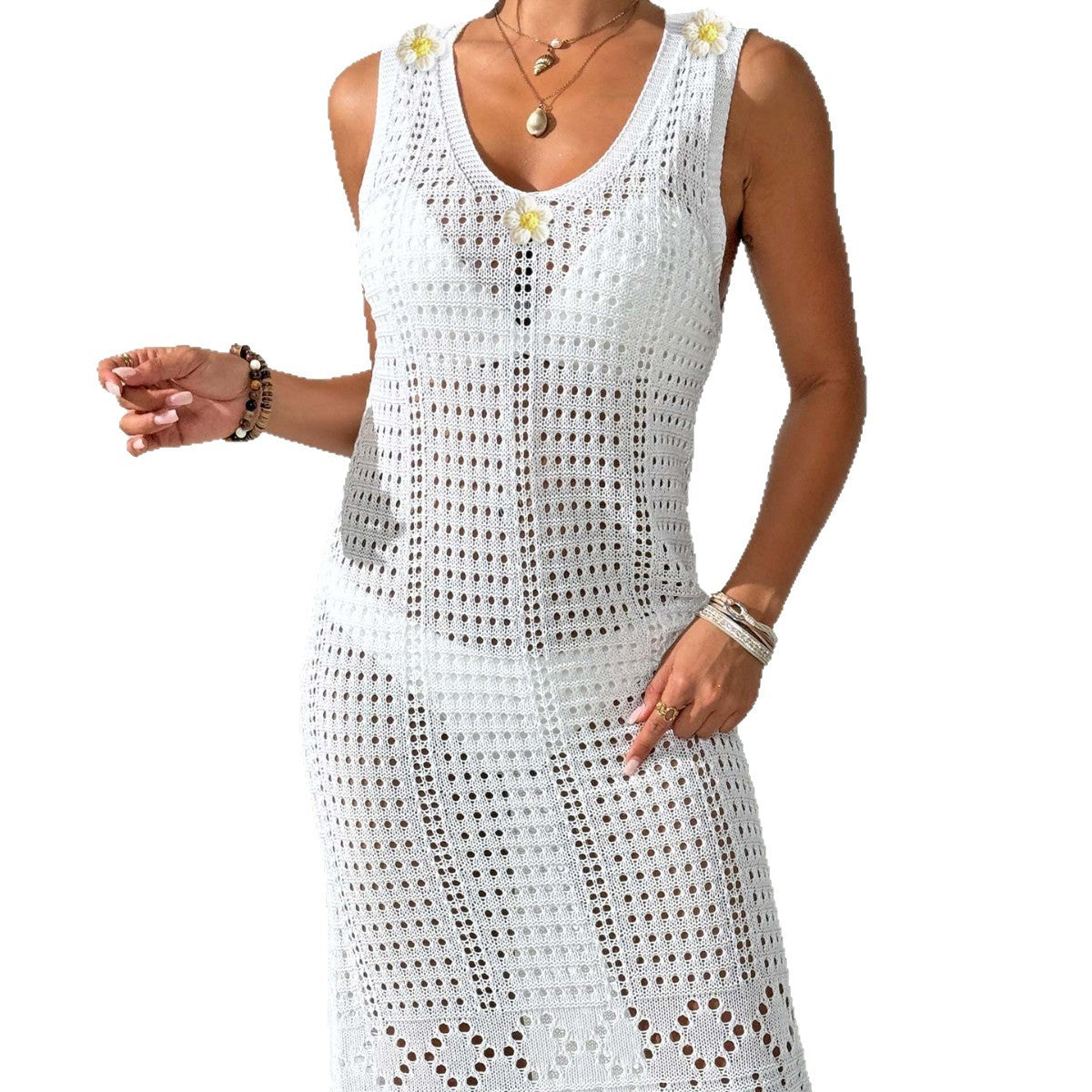 Women's Sexy Hollow Knit Sleeveless Dress Beach Bikini Cover-Up Dress