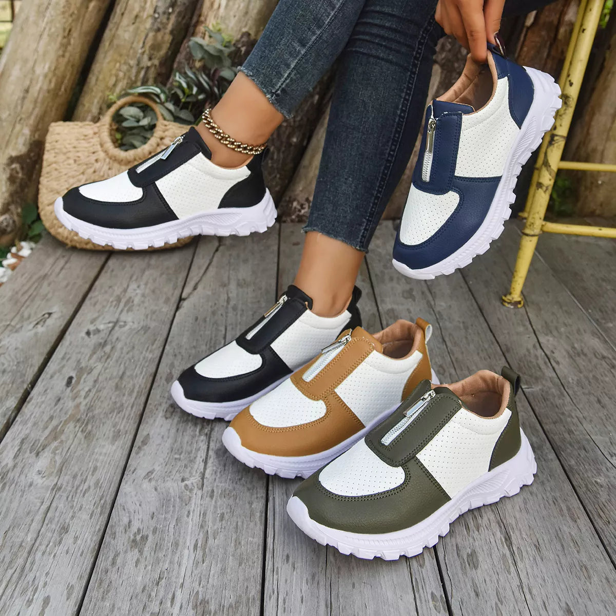 Contrast Breathable Zip Sneakers