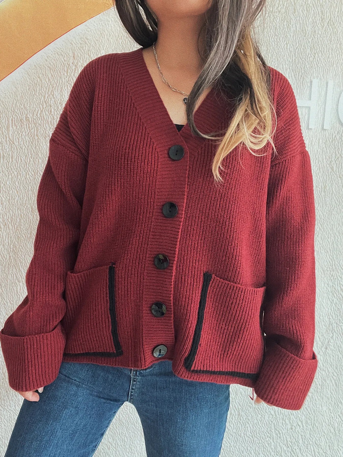Button-Front Ribbed Cardigan with V-Neck