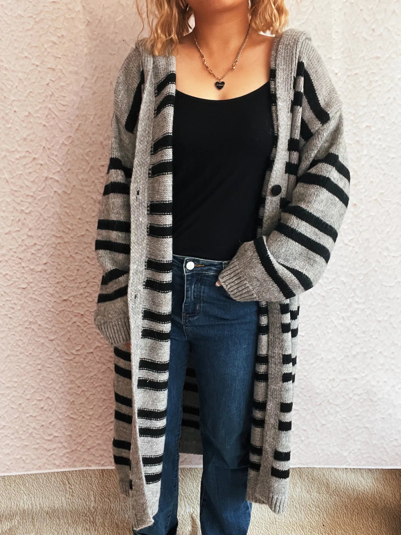 Striped Open Front Hooded Cardigan