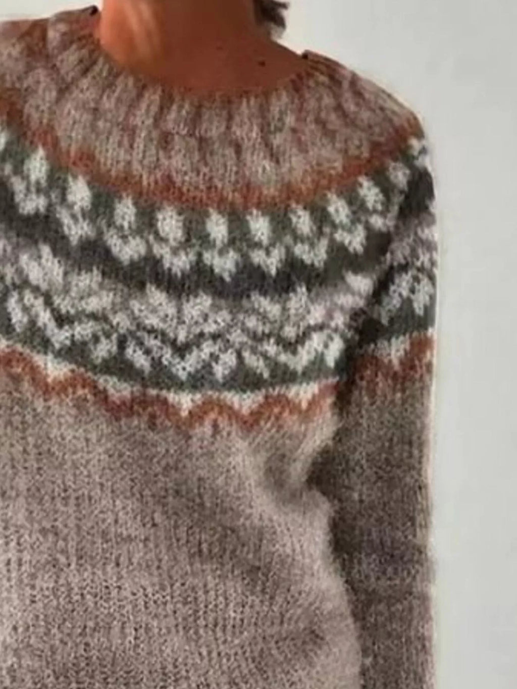 Full Size Vintage Patterned Round Neck Sweater Plus Size