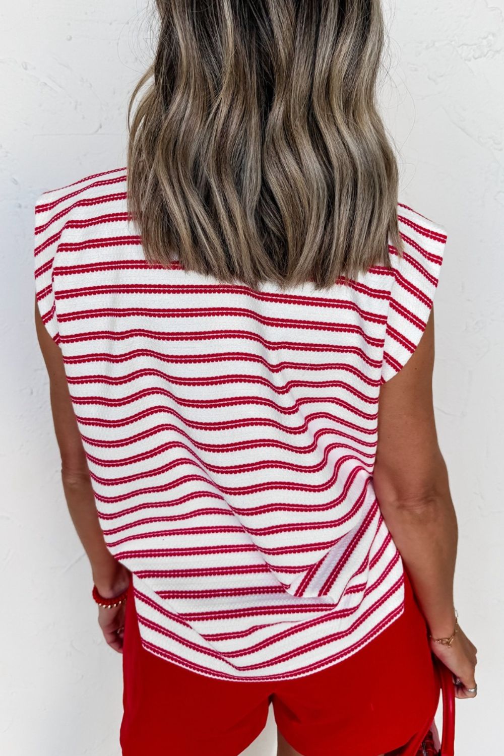 Stripe Textured Knit Button Detail Short Sleeve Casual Tee