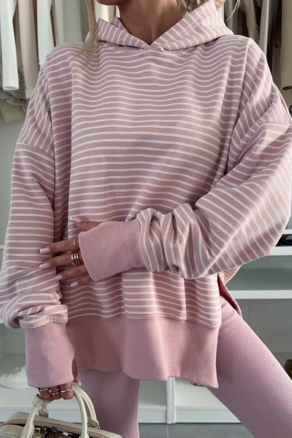 Side Slit Striped Oversized Hoodie