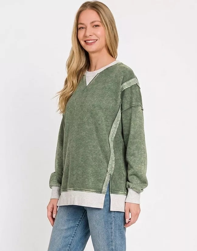Zenana Fleece Acid Washed Contrast Trim Sweatshirt