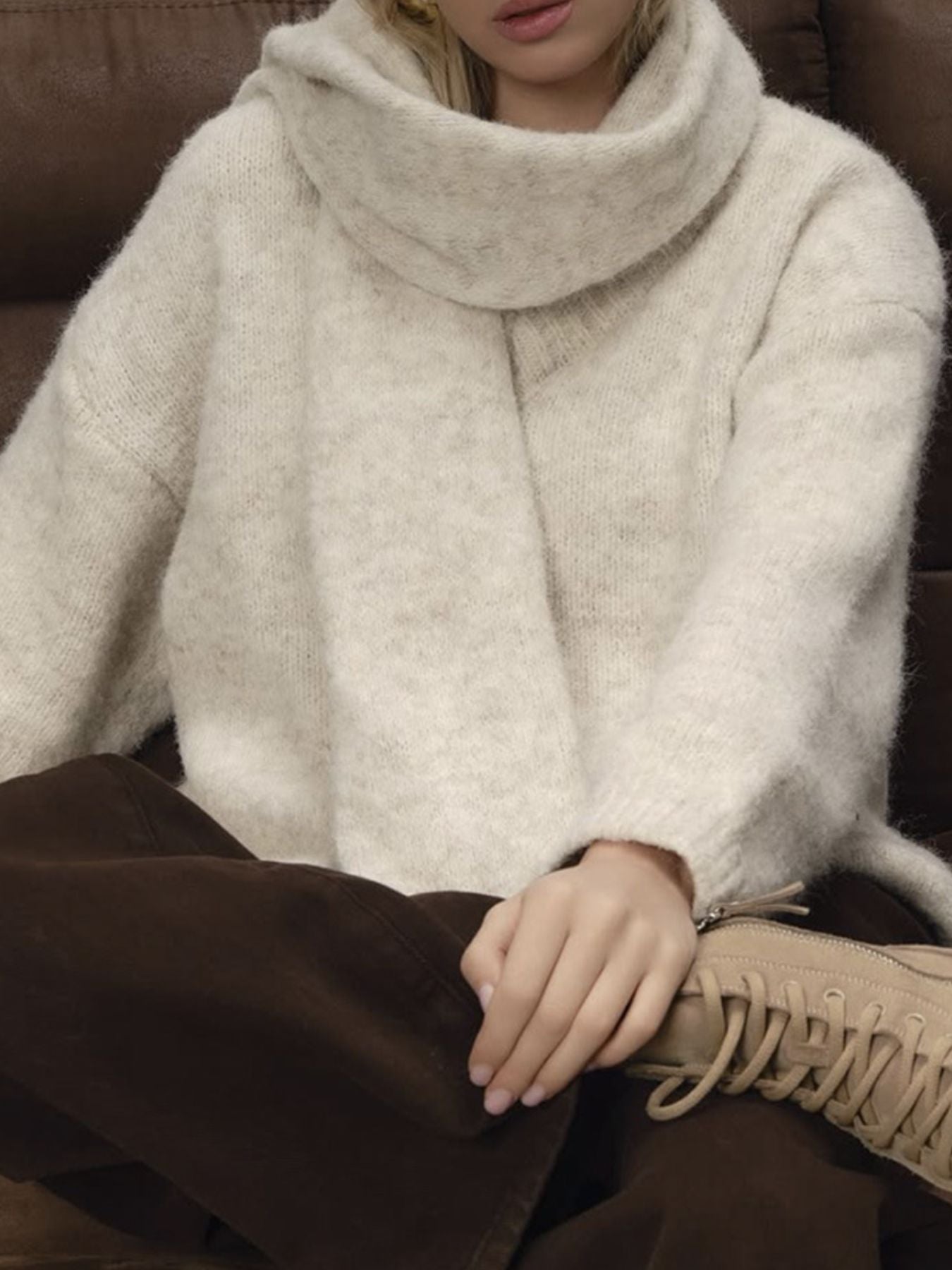 Oversized V-Neck Dropped Shoulder Sweater with Scarf