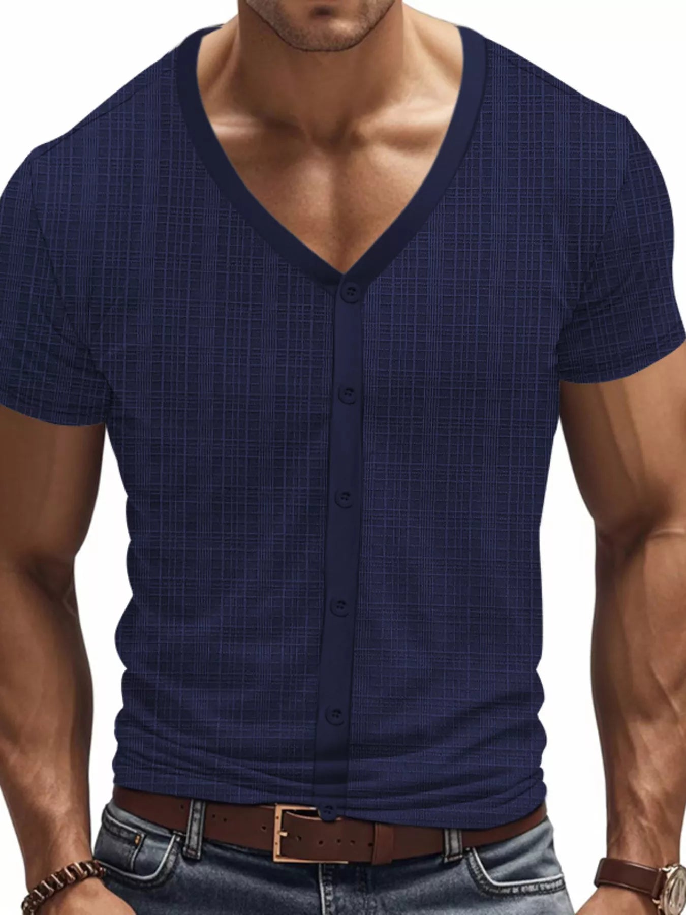 Men's Full Size V-Neck Button-Down Top Plus Size