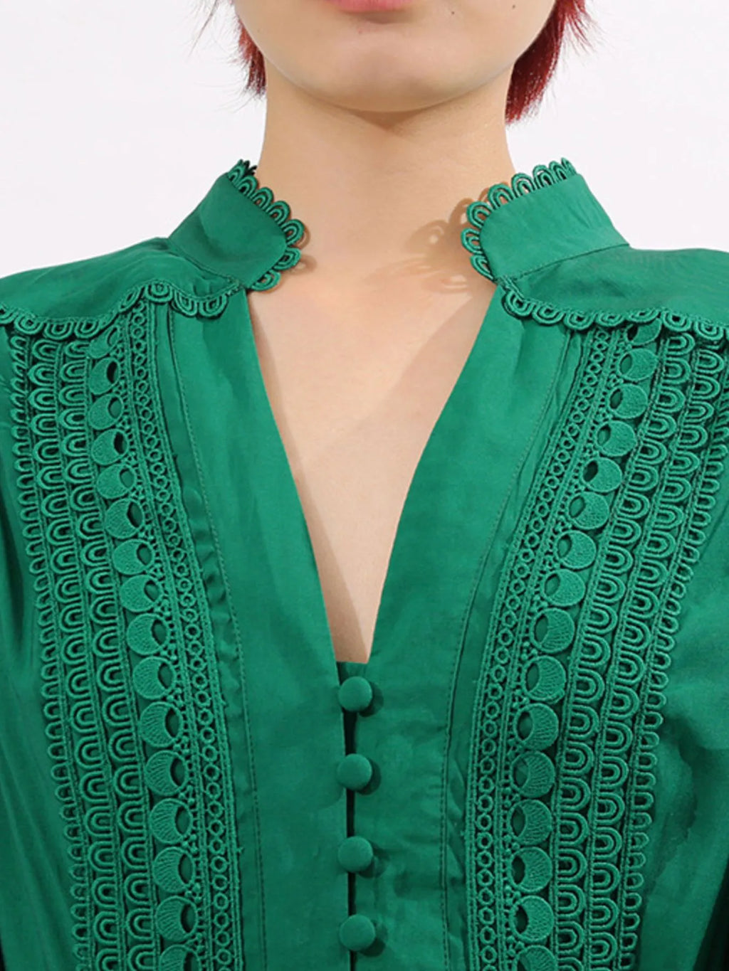 Lace Detail Notched Puff Sleeve Maxi Dress